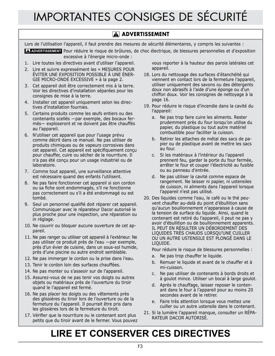 Importantes consiges de sécurité, Lire et conserver ces directives | Dacor Contemporary 24 Inch Microwave Drawer User Guide User Manual | Page 25 / 46