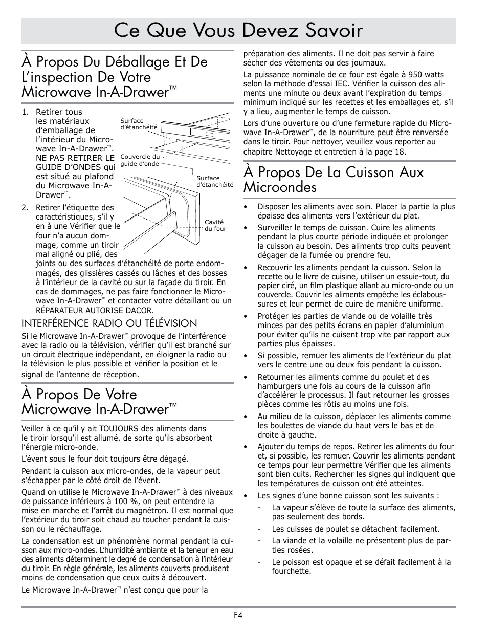 Ce que vous devez savoir, À propos de votre microwave in-a-drawer, À propos de la cuisson aux microondes | Interférence radio ou télévision | Dacor Contemporary 24 Inch Microwave Drawer User Guide User Manual | Page 26 / 46