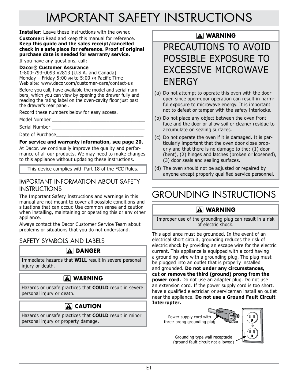 Important safety instructions, Grounding instructions, The dacor customer assurance team | Dacor Contemporary 24 Inch Microwave Drawer User Guide User Manual | Page 3 / 46