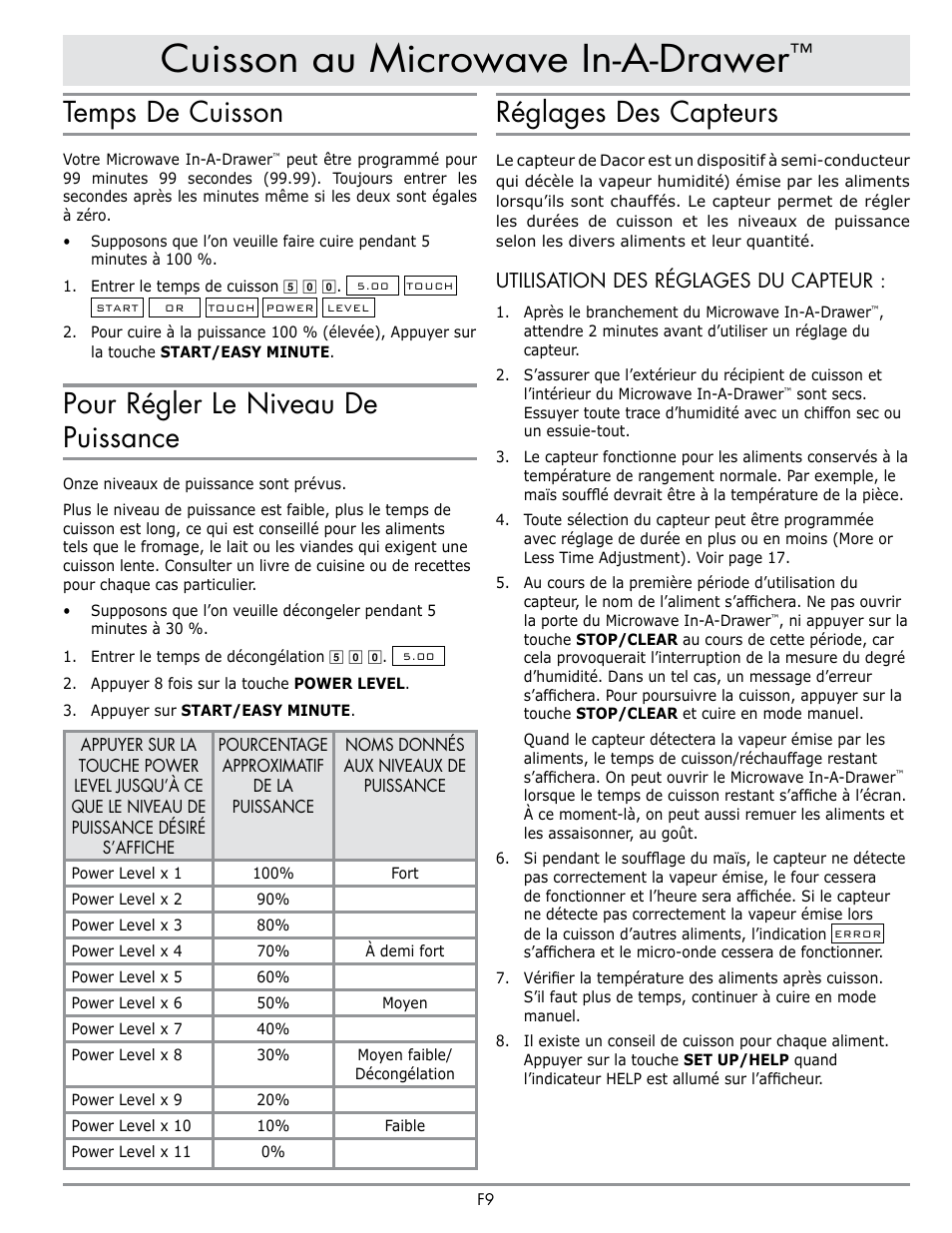 Cuisson au microwave in-a-drawer, Temps de cuisson, Pour régler le niveau de puissance | Réglages des capteurs, Utilisation des réglages du capteur | Dacor Contemporary 24 Inch Microwave Drawer User Guide User Manual | Page 31 / 46