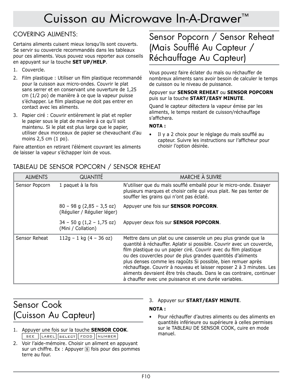 Cuisson au microwave in-a-drawer, Sensor cook (cuisson au capteur) | Dacor Contemporary 24 Inch Microwave Drawer User Guide User Manual | Page 32 / 46