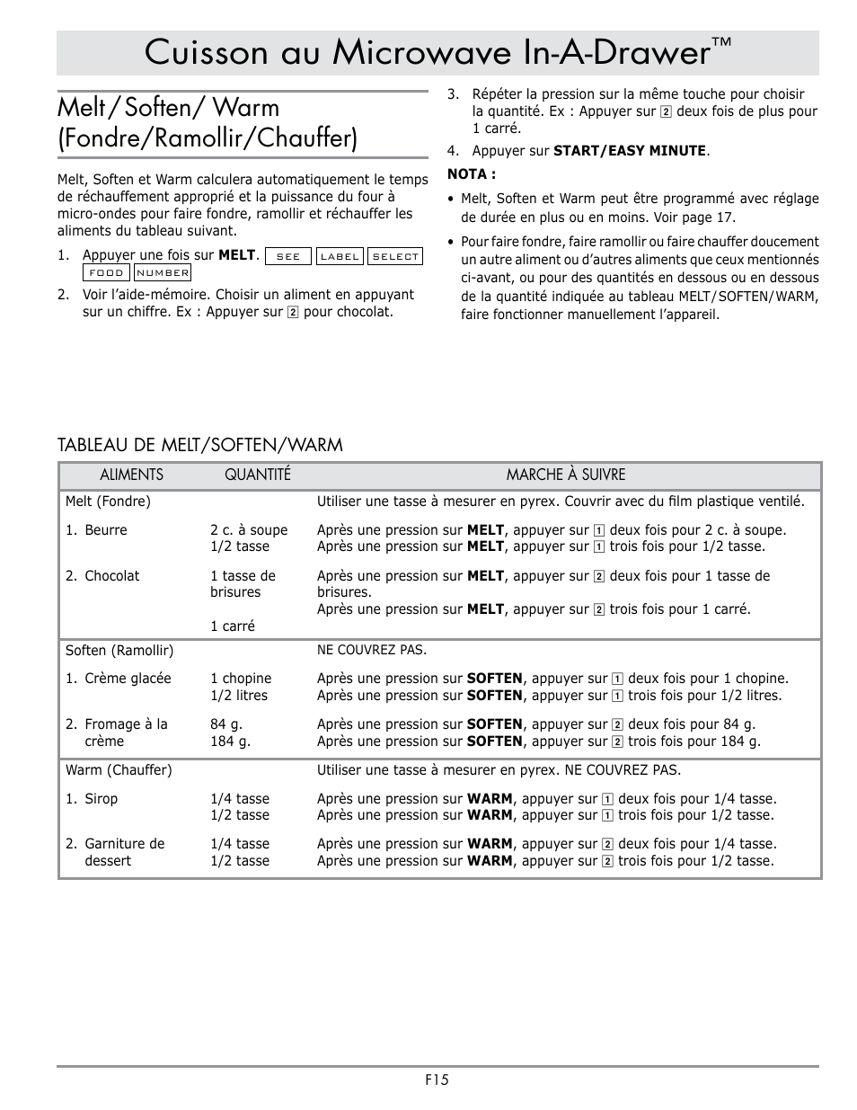 Cuisson au microwave in-a-drawer, Melt/soften/ warm (fondre/ramollir/chauffer), Tableau de melt/soften/warm | Dacor Contemporary 24 Inch Microwave Drawer User Guide User Manual | Page 37 / 46