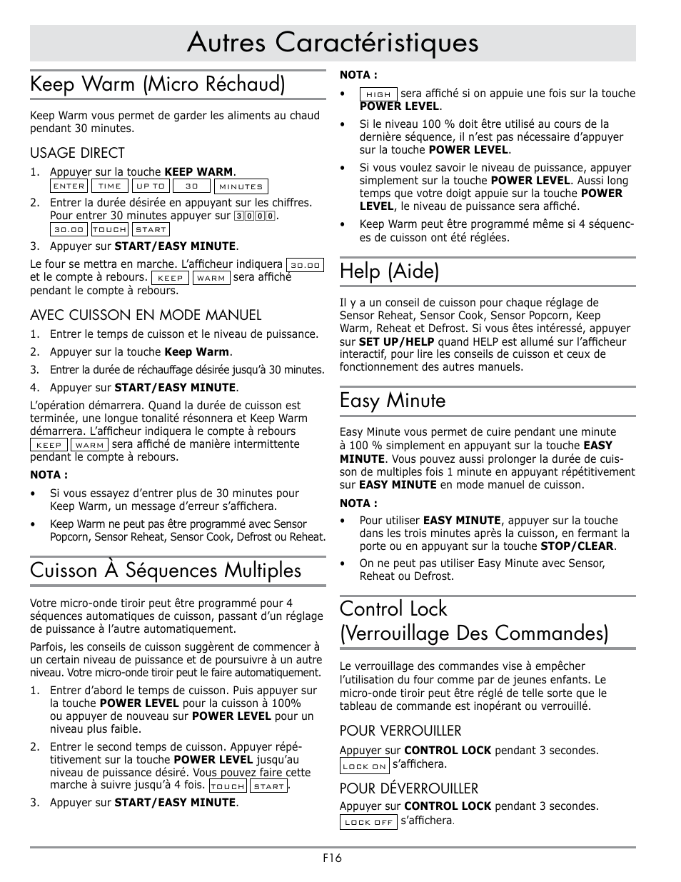 Autres caractéristiques, Keep warm (micro réchaud), Cuisson à séquences multiples | Help (aide), Easy minute, Control lock (verrouillage des commandes), Usage direct, Avec cuisson en mode manuel, Pour verrouiller, Pour déverrouiller | Dacor Contemporary 24 Inch Microwave Drawer User Guide User Manual | Page 38 / 46
