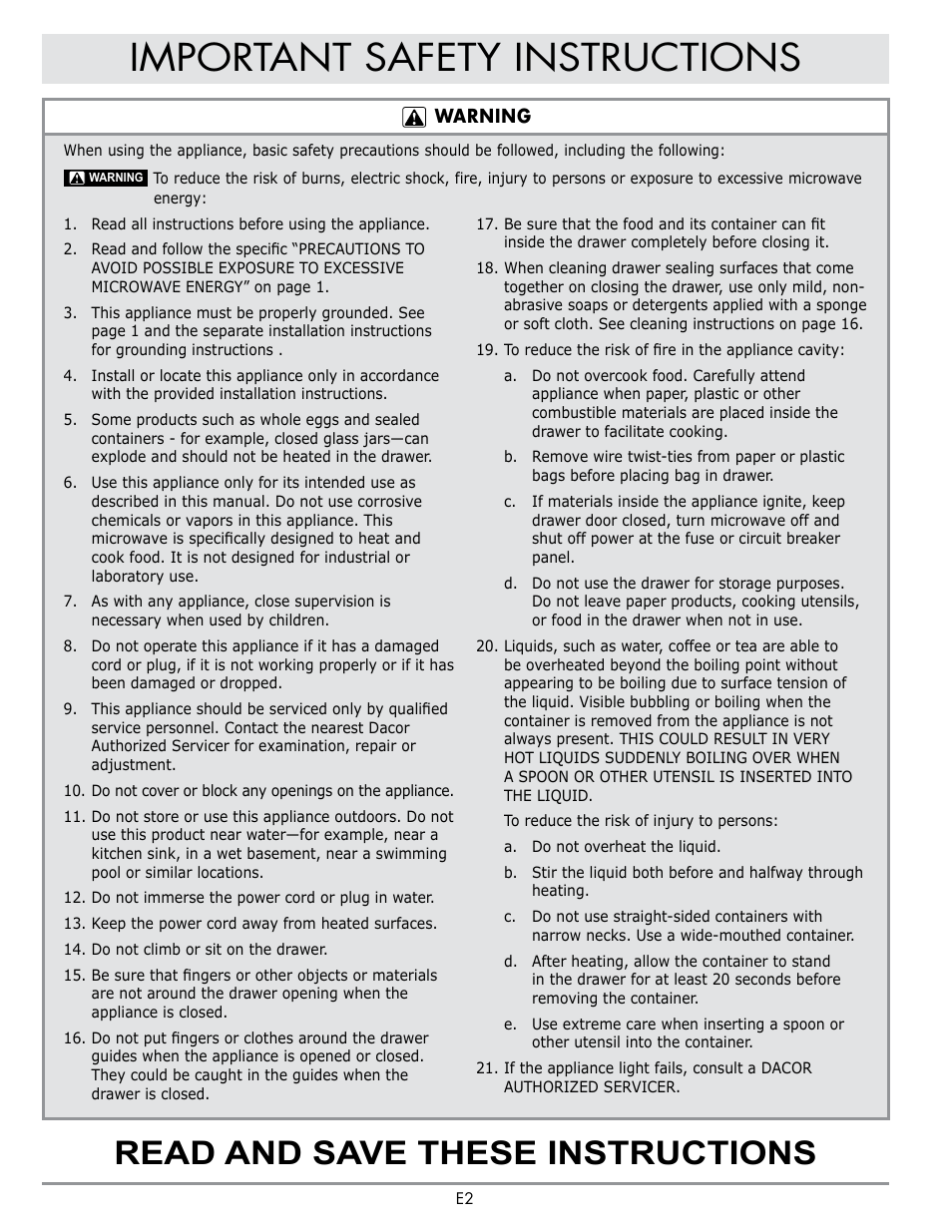 Important safety instructions, Read and save these instructions | Dacor Contemporary 24 Inch Microwave Drawer User Guide User Manual | Page 4 / 46