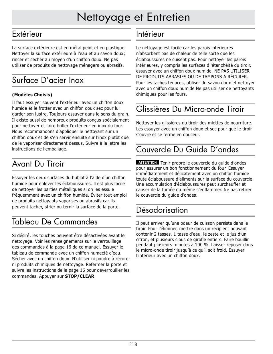 Nettoyage et entretien, Extérieur, Surface d’acier inox | Avant du tiroir, Tableau de commandes, Intérieur, Glissières du micro-onde tiroir, Couvercle du guide d’ondes, Désodorisation | Dacor Contemporary 24 Inch Microwave Drawer User Guide User Manual | Page 40 / 46