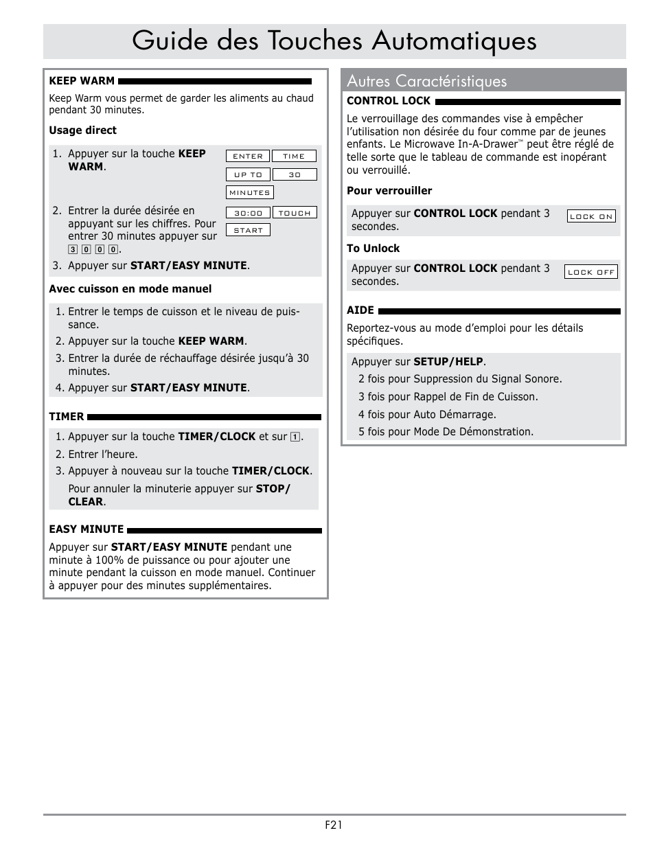 Guide des touches automatiques, Autres caractéristiques | Dacor Contemporary 24 Inch Microwave Drawer User Guide User Manual | Page 43 / 46