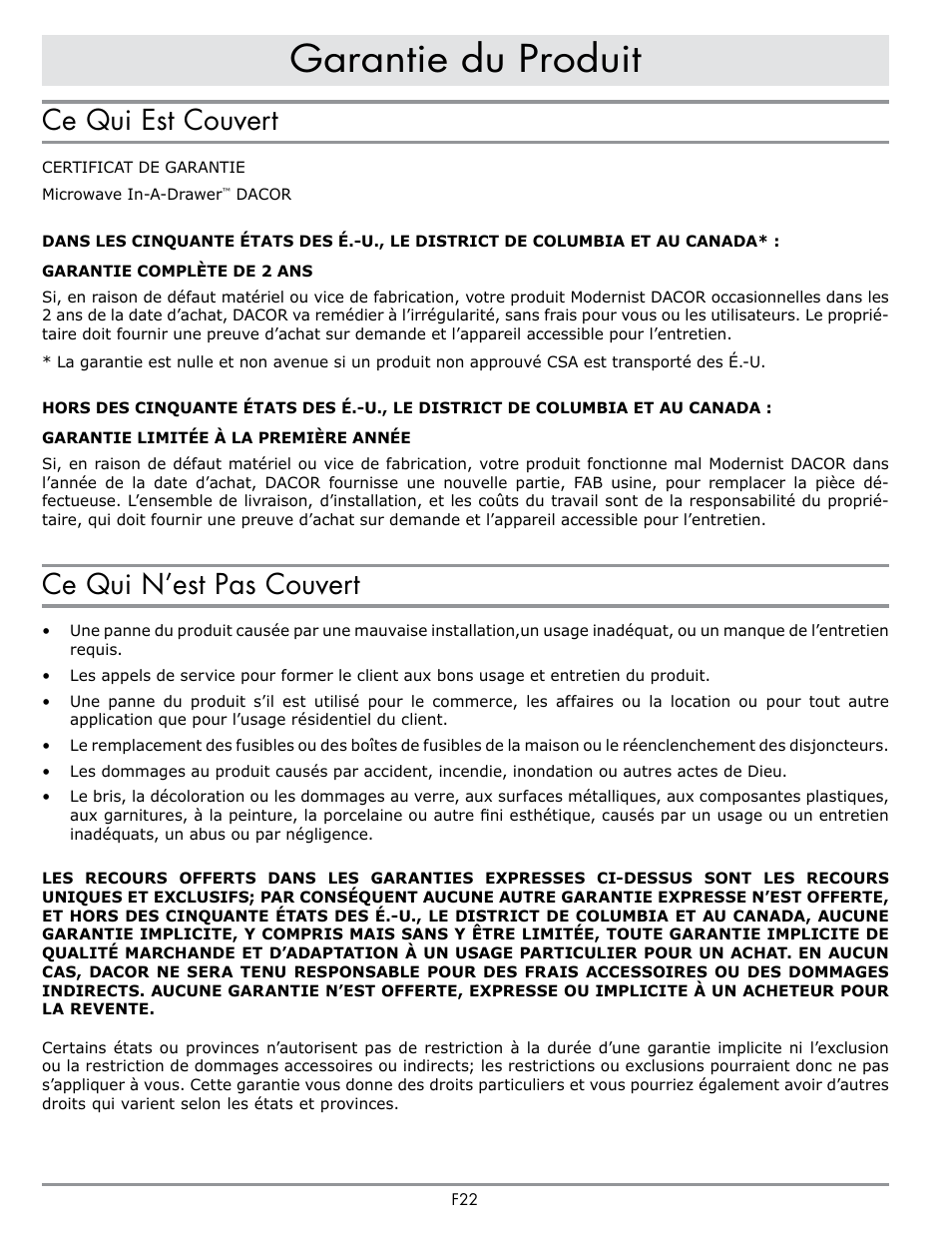 Garantie du produit, Ce qui est couvert, Ce qui n’est pas couvert | Dacor Contemporary 24 Inch Microwave Drawer User Guide User Manual | Page 44 / 46