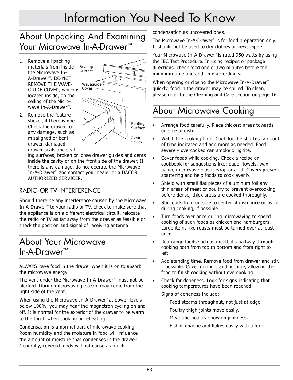 Information you need to know, About your microwave in-a-drawer, About microwave cooking | Radio or tv interference | Dacor Contemporary 24 Inch Microwave Drawer User Guide User Manual | Page 5 / 46