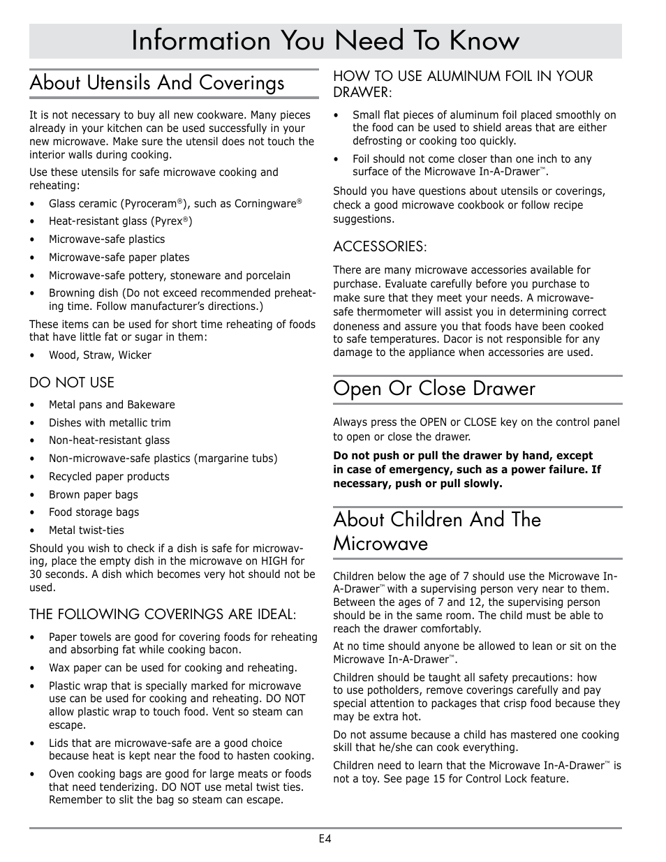 Information you need to know, About utensils and coverings, Open or close drawer | About children and the microwave | Dacor Contemporary 24 Inch Microwave Drawer User Guide User Manual | Page 6 / 46