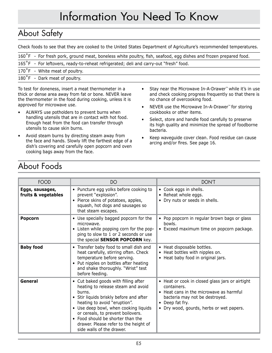 Information you need to know, About safety, About foods | Dacor Contemporary 24 Inch Microwave Drawer User Guide User Manual | Page 7 / 46