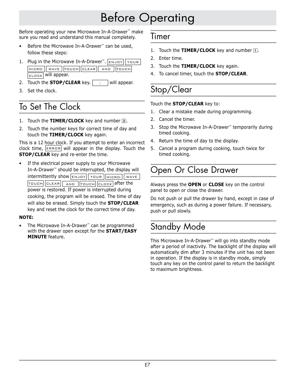 Before operating, Timer, Stop/clear | Open or close drawer, Standby mode | Dacor Contemporary 24 Inch Microwave Drawer User Guide User Manual | Page 9 / 46