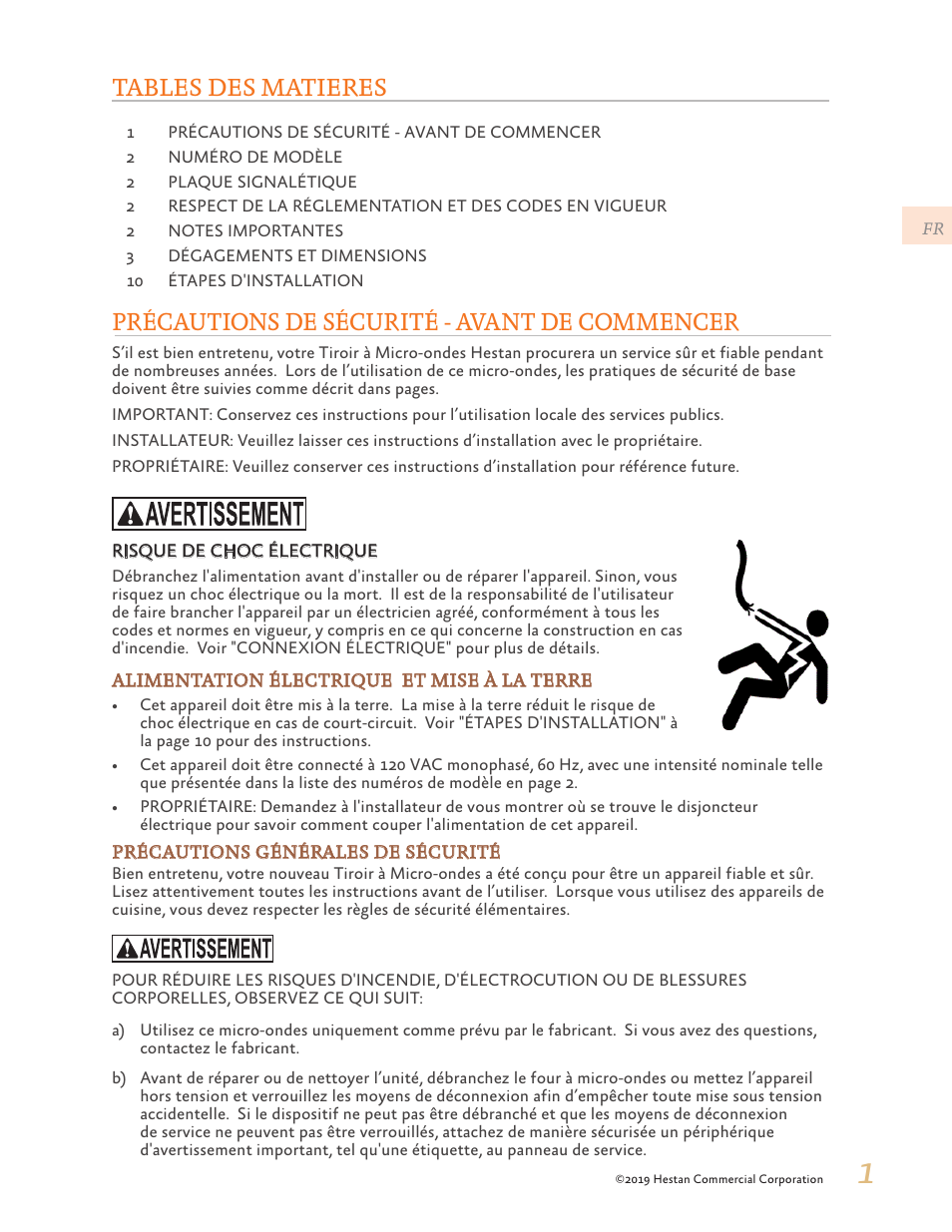 Précautions de sécurité - avant de commencer, Tables des matieres | Hestan 30 Inch Drawer Microwave Installation Manual User Manual | Page 15 / 28