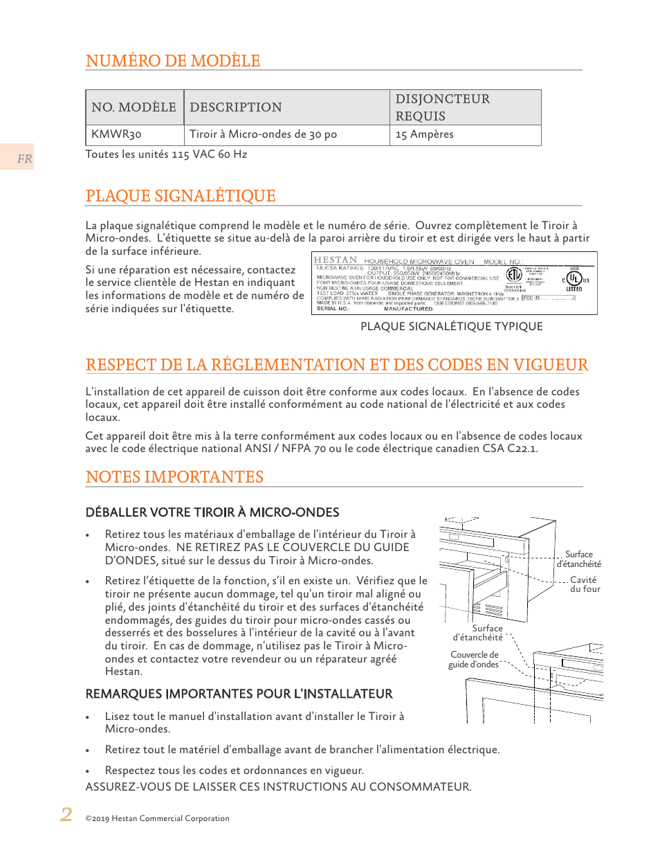 Plaque signalétique, Numéro de modèle | Hestan 30 Inch Drawer Microwave Installation Manual User Manual | Page 16 / 28