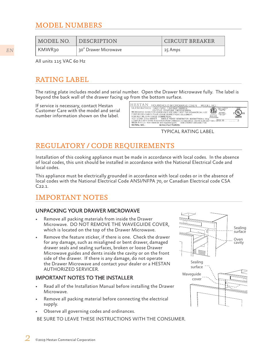 Rating label, Model numbers, Regulatory / code requirements | Hestan 30 Inch Drawer Microwave Installation Manual User Manual | Page 4 / 28