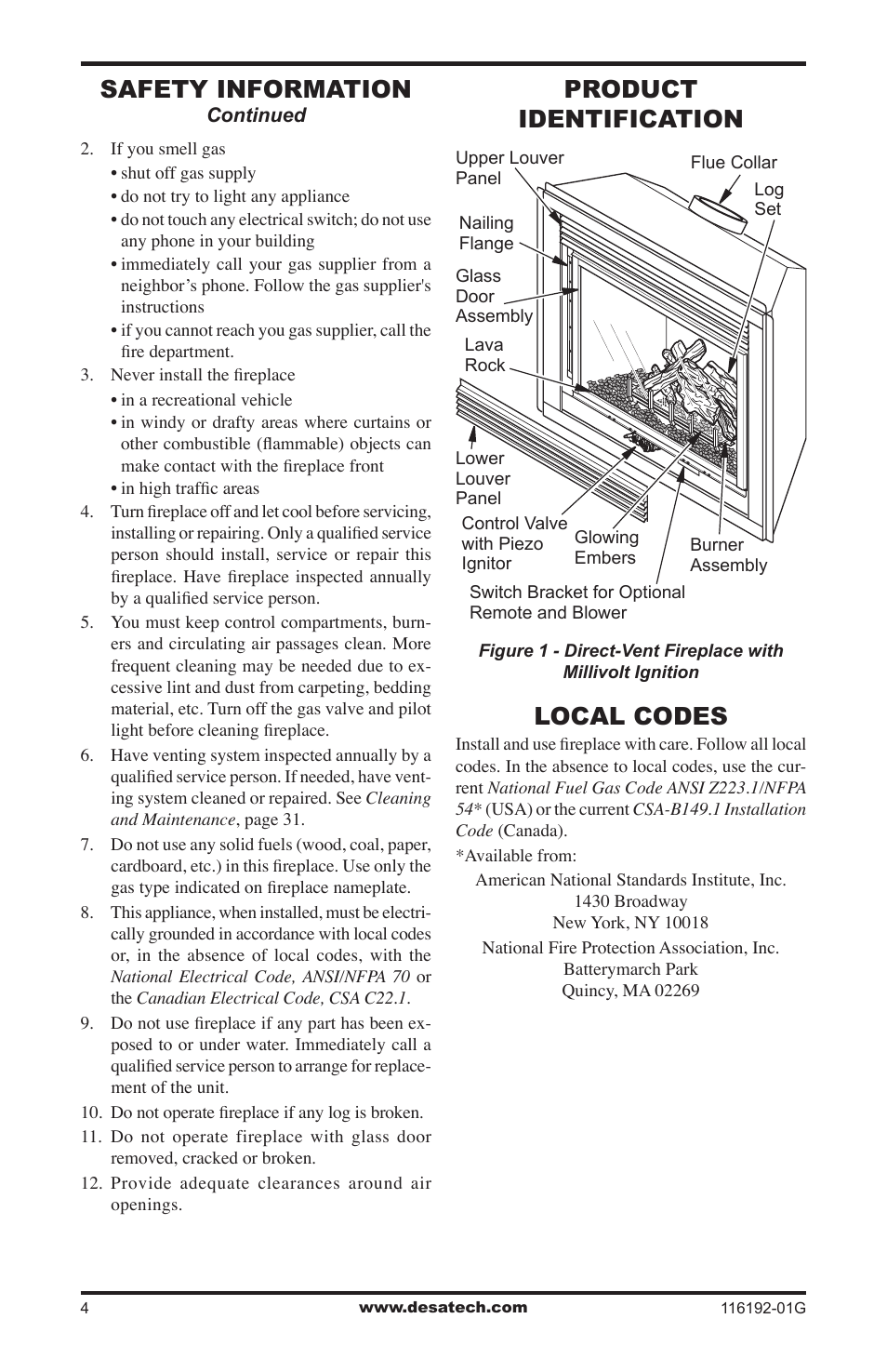 Product identification, Local codes, Safety information | Desa (V)TC36N(-HA) Series User Manual | Page 4 / 44