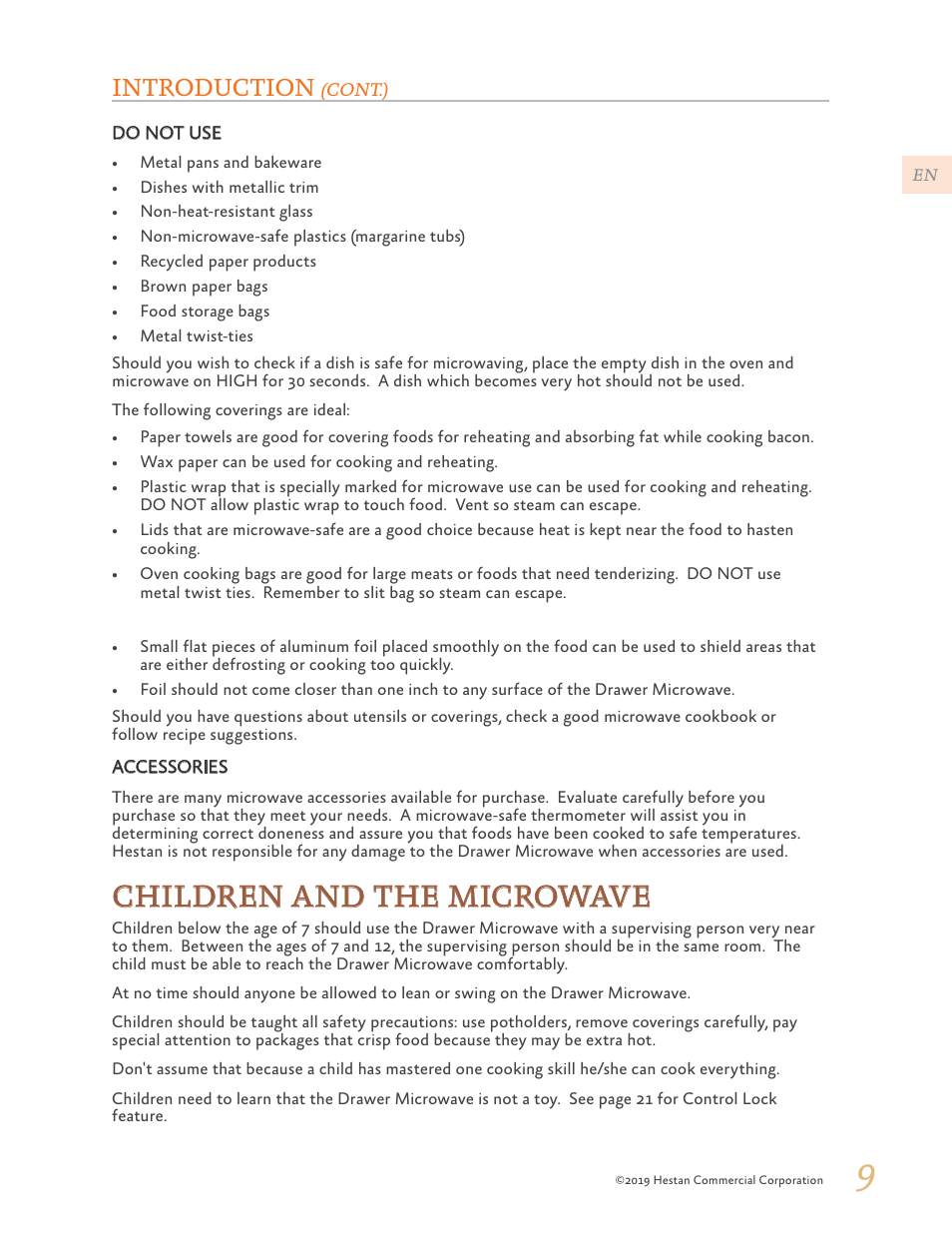 Children and the microwave, Introduction | Hestan 30 Inch Drawer Microwave Use and Care Manual User Manual | Page 11 / 64