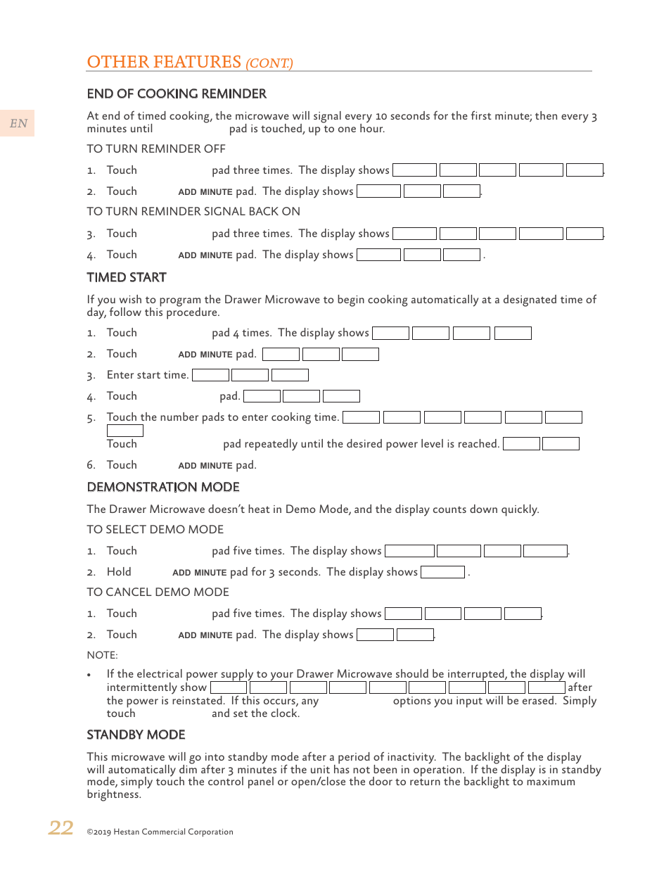 Other features, Cont.) end of cooking reminder, Timed start | Demonstration mode, Standby mode | Hestan 30 Inch Drawer Microwave Use and Care Manual User Manual | Page 24 / 64