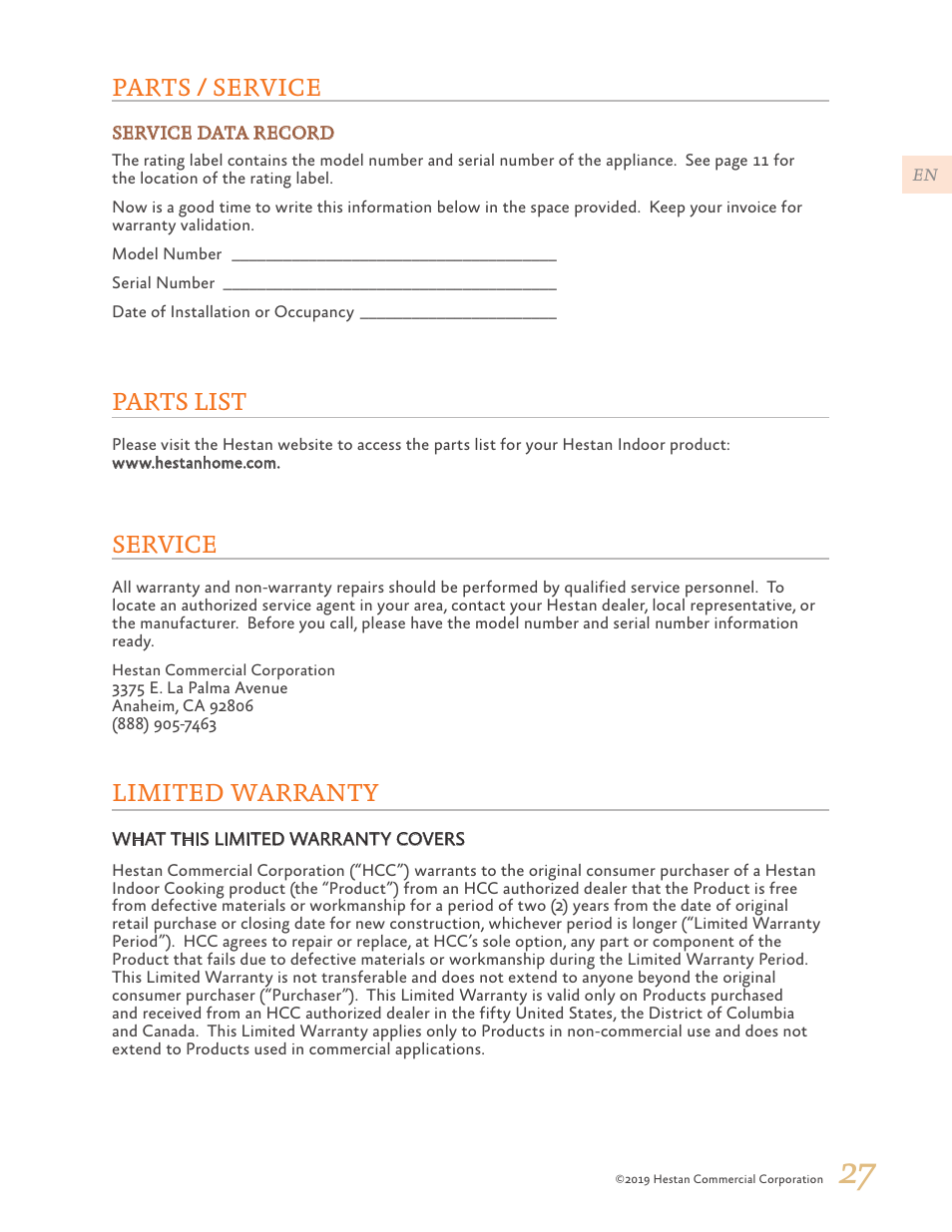 Parts / service, Limited warranty, Service | Parts list, Parts / service limited warranty | Hestan 30 Inch Drawer Microwave Use and Care Manual User Manual | Page 29 / 64