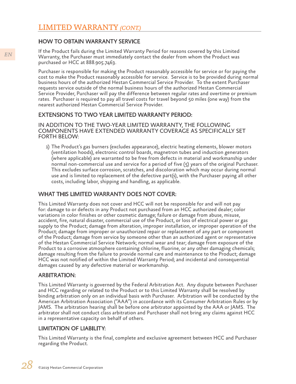 Limited warranty | Hestan 30 Inch Drawer Microwave Use and Care Manual User Manual | Page 30 / 64