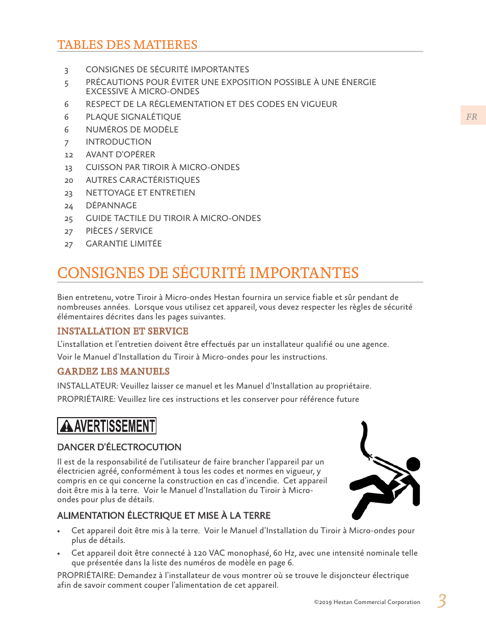 Consignes de sécurité importantes, Tables des matieres | Hestan 30 Inch Drawer Microwave Use and Care Manual User Manual | Page 37 / 64