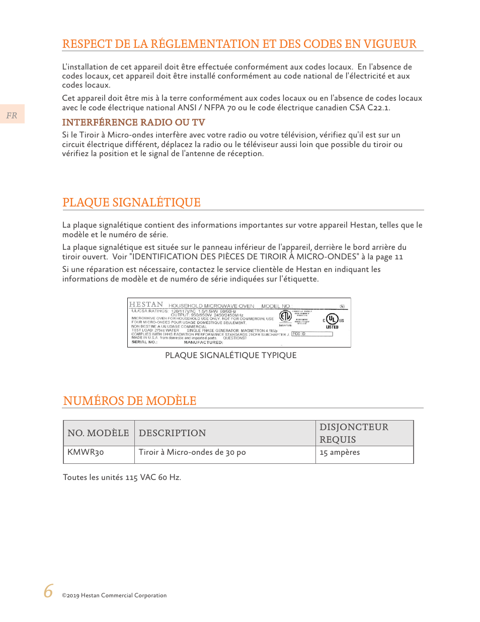 Plaque signalétique, Numéros de modèle | Hestan 30 Inch Drawer Microwave Use and Care Manual User Manual | Page 40 / 64