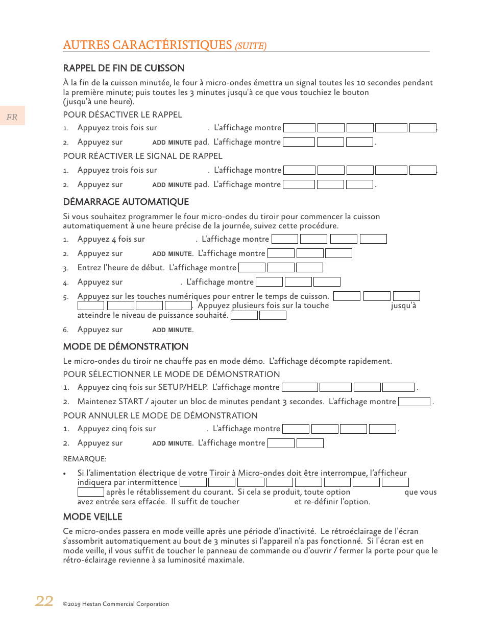 Autres caractéristiques, Suite) rappel de fin de cuisson, Démarrage automatique | Mode de démonstration, Mode veille | Hestan 30 Inch Drawer Microwave Use and Care Manual User Manual | Page 56 / 64