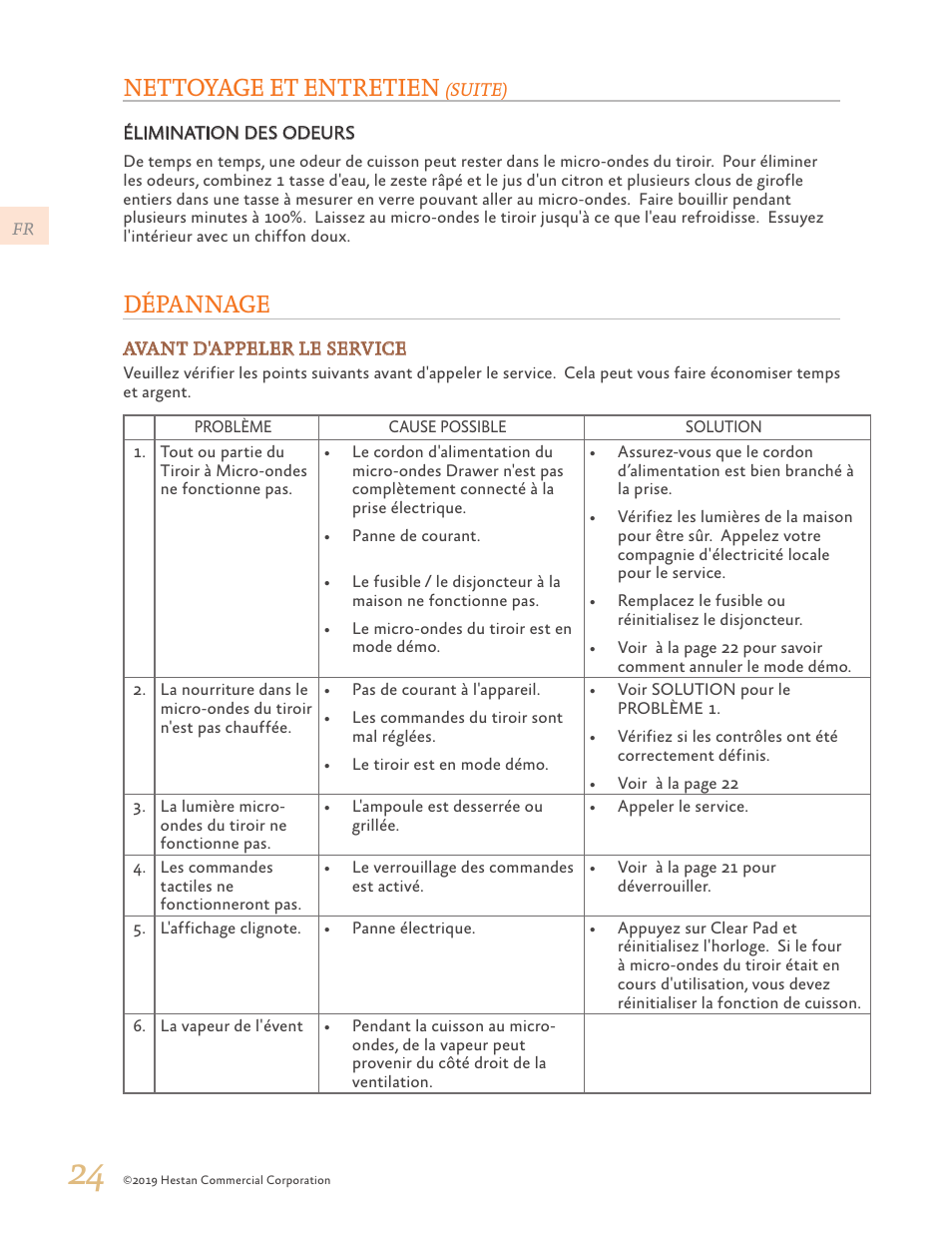 Dépannage, 24 dépannage, Nettoyage et entretien | Hestan 30 Inch Drawer Microwave Use and Care Manual User Manual | Page 58 / 64