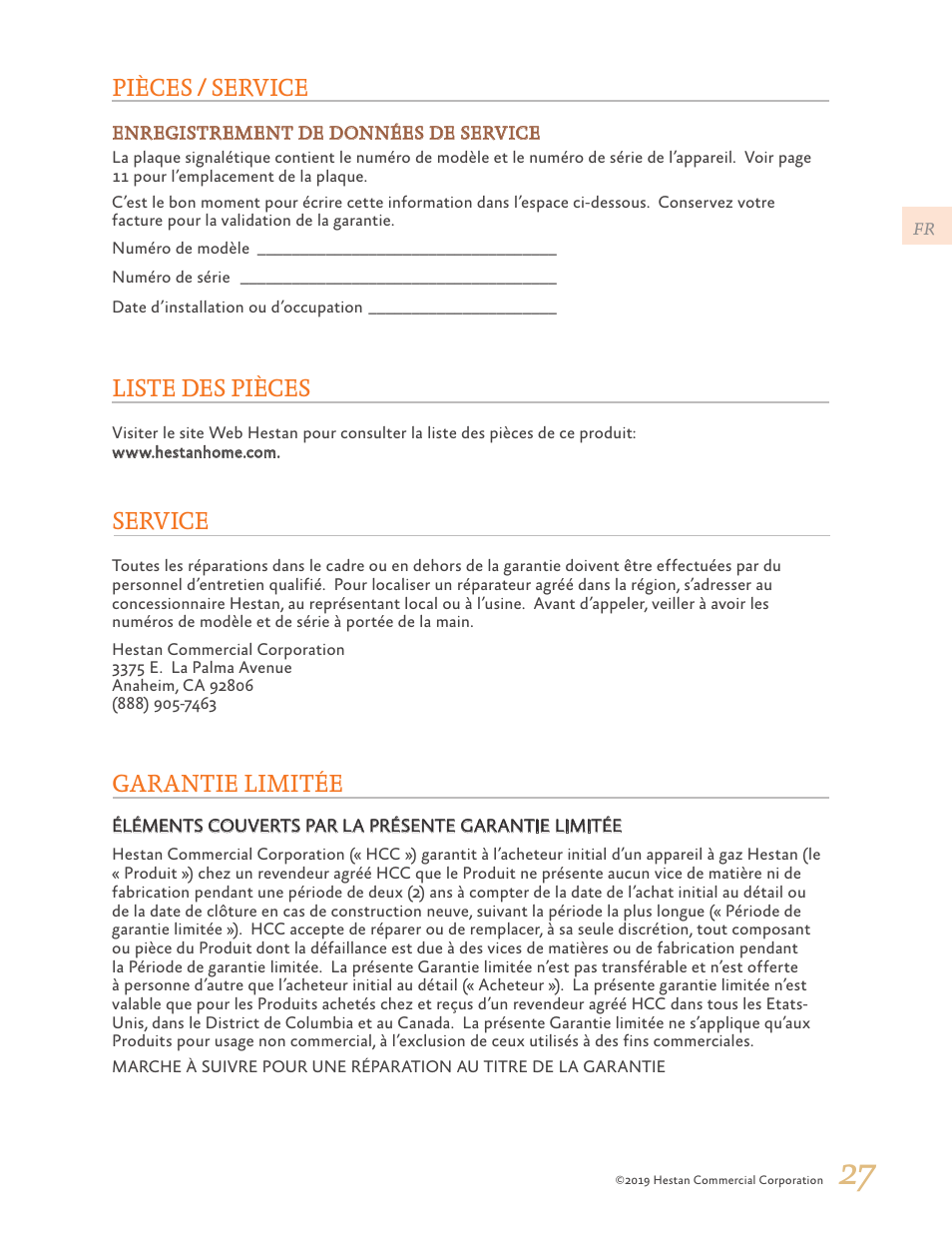 Pièces / service, Garantie limitée, Service | Liste des pièces | Hestan 30 Inch Drawer Microwave Use and Care Manual User Manual | Page 61 / 64