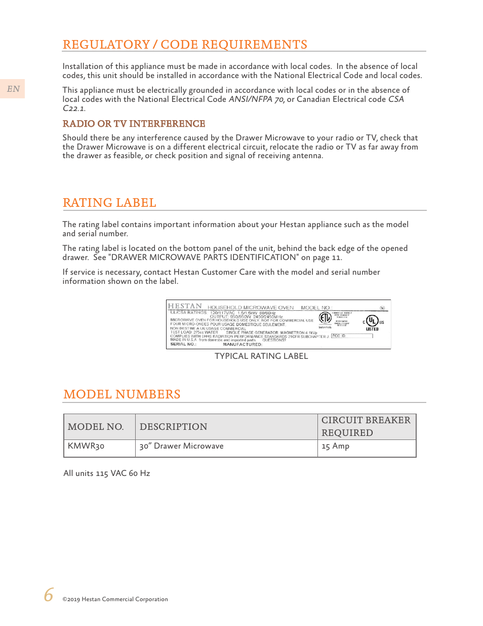 Regulatory / code requirements, Rating label, Model numbers | Hestan 30 Inch Drawer Microwave Use and Care Manual User Manual | Page 8 / 64