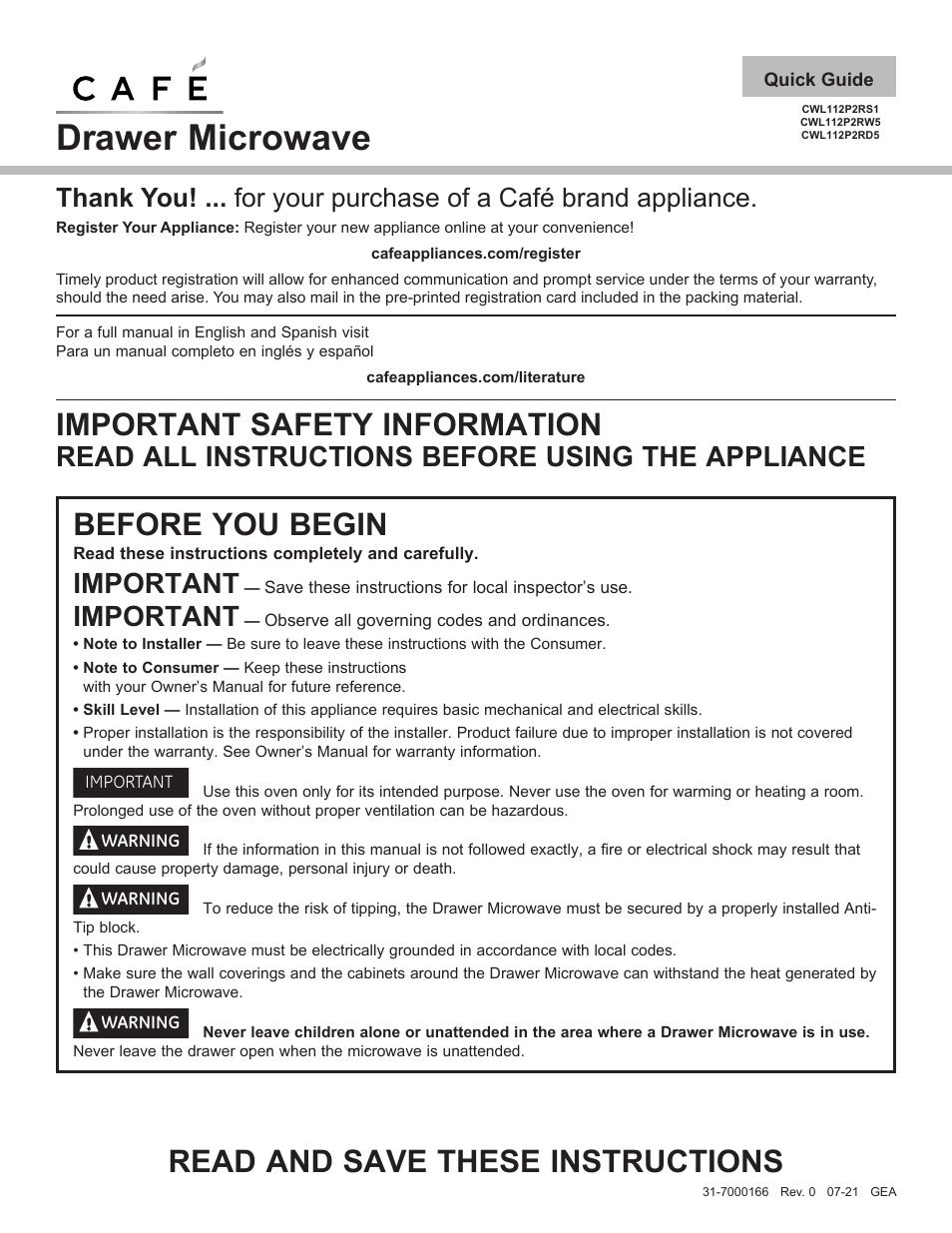 Cafe 24 Inch Built In Microwave Drawer Oven Installation Guide User Manual | 16 pages