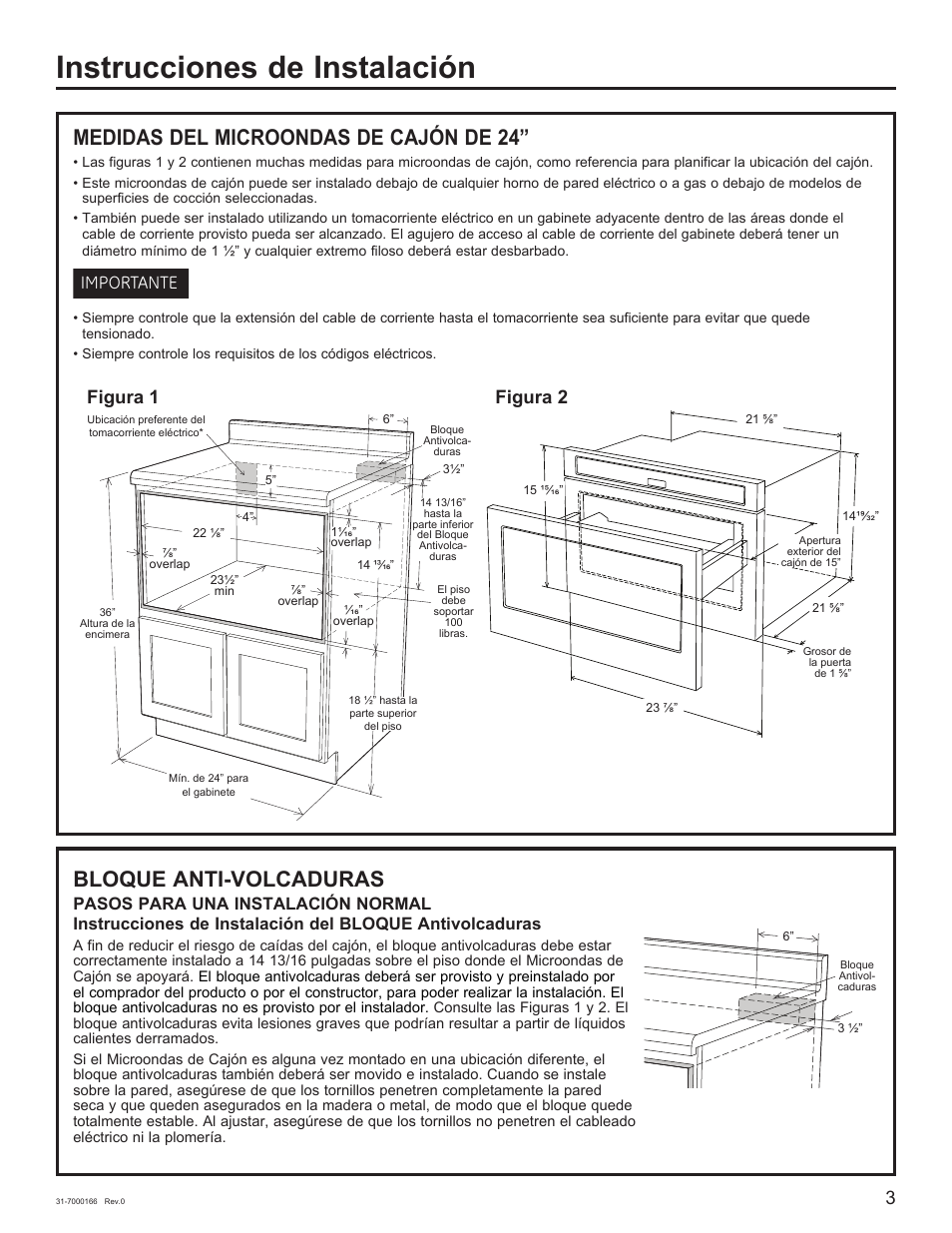 Instrucciones de instalación, Medidas del microondas de cajón de 24, Bloque anti-volcaduras | Importante, Figura 1, Figura 2 | Cafe 24 Inch Built In Microwave Drawer Oven Installation Guide User Manual | Page 11 / 16