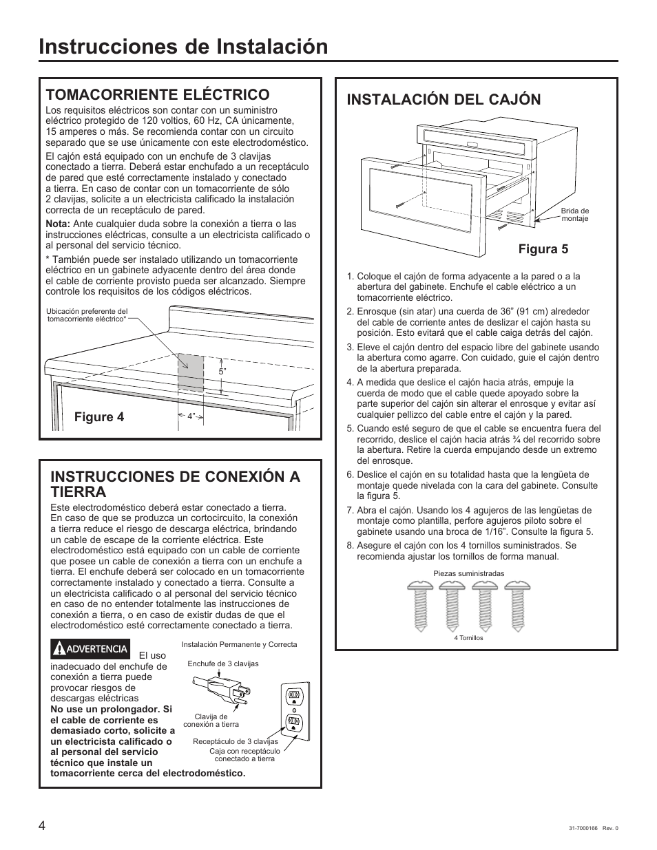 Instrucciones de instalación, Tomacorriente eléctrico, Instrucciones de conexión a tierra | Instalación del cajón, Figure 4, Figura 5 | Cafe 24 Inch Built In Microwave Drawer Oven Installation Guide User Manual | Page 12 / 16