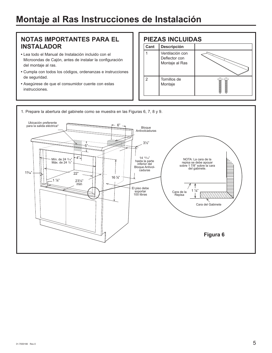 Montaje al ras instrucciones de instalación, Notas importantes para el instalador, Piezas incluidas | Figura 6 | Cafe 24 Inch Built In Microwave Drawer Oven Installation Guide User Manual | Page 13 / 16