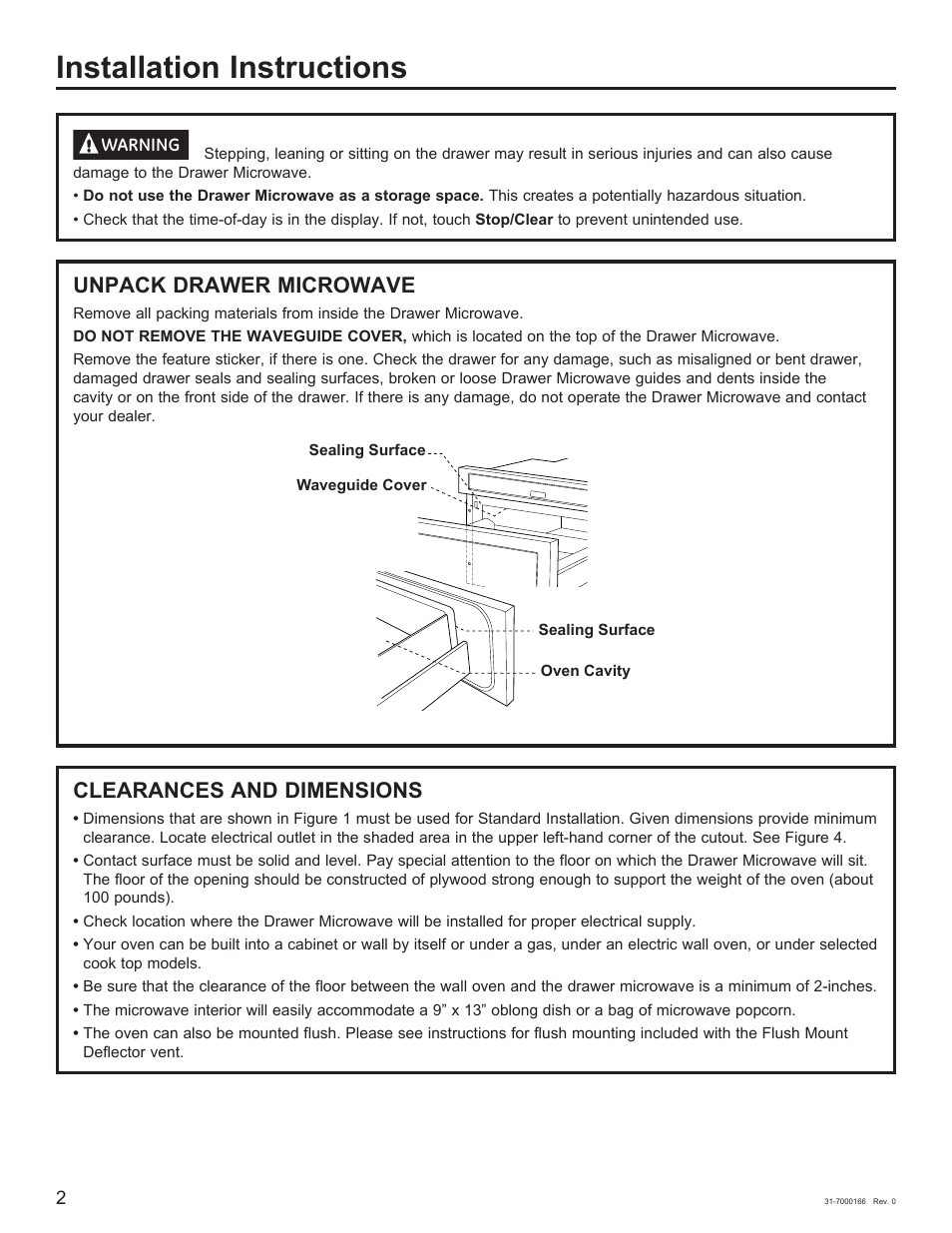 Installation instructions, Unpack drawer microwave, Clearances and dimensions | Cafe 24 Inch Built In Microwave Drawer Oven Installation Guide User Manual | Page 2 / 16