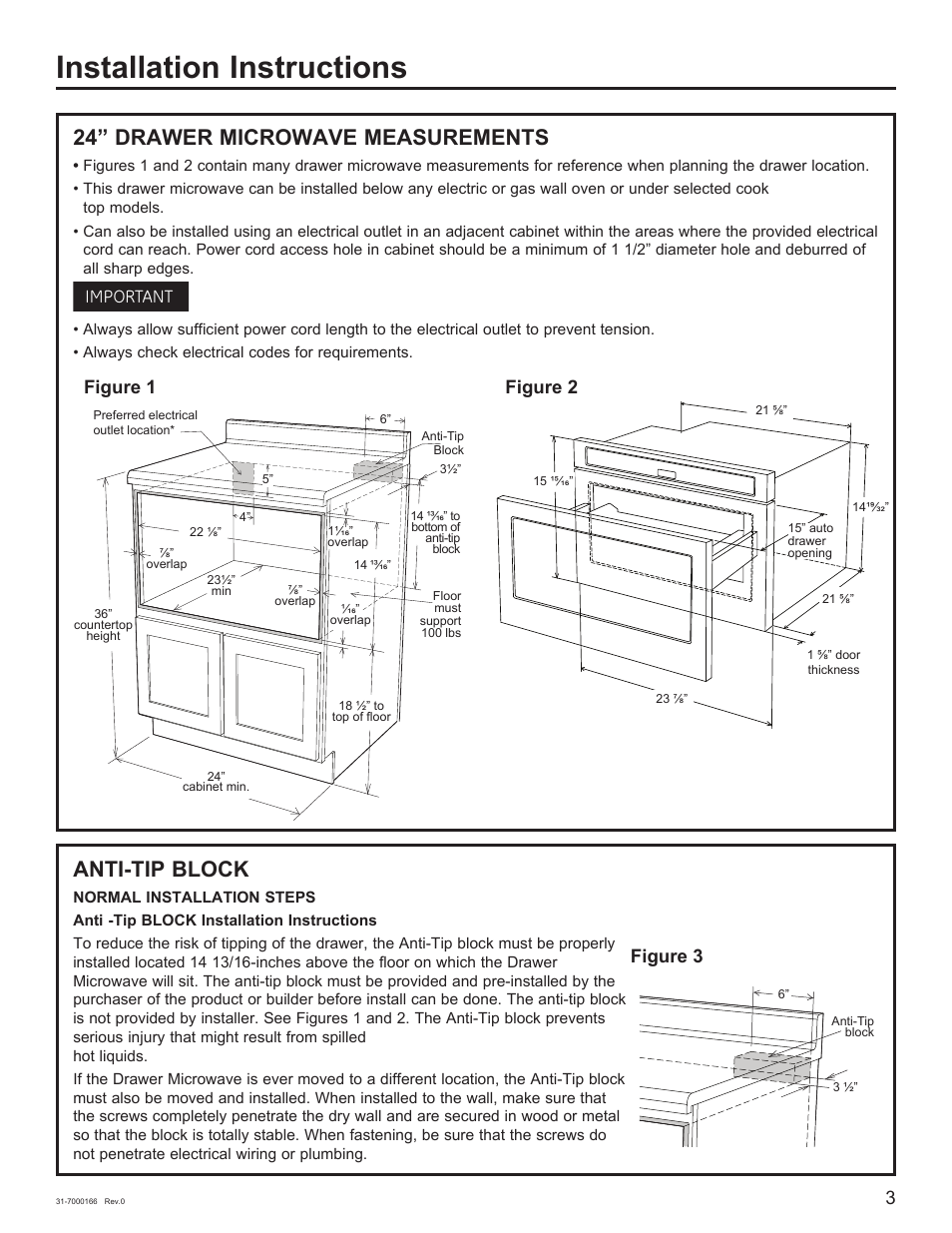 Installation instructions, 24” drawer microwave measurements, Anti-tip block | Important, Figure 1, Figure 2, Figure 3 | Cafe 24 Inch Built In Microwave Drawer Oven Installation Guide User Manual | Page 3 / 16