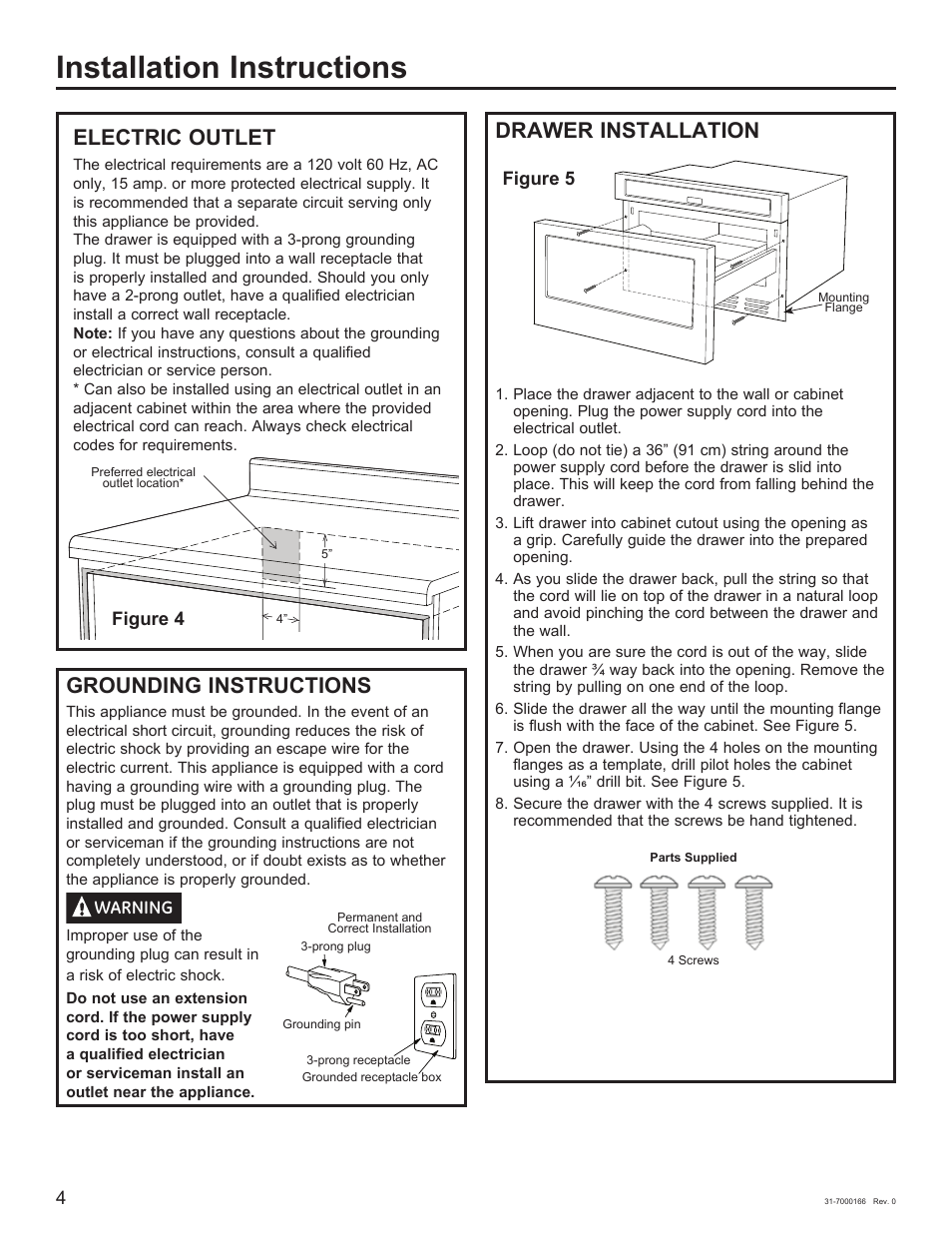 Installation instructions, Electric outlet, Grounding instructions | Drawer installation | Cafe 24 Inch Built In Microwave Drawer Oven Installation Guide User Manual | Page 4 / 16