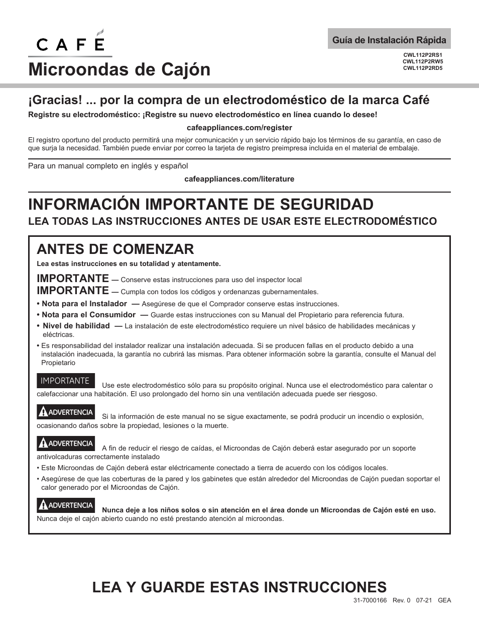 7000166_sp_v04, Microondas de cajón, Información importante de seguridad | Lea y guarde estas instrucciones, Antes de comenzar, Importante | Cafe 24 Inch Built In Microwave Drawer Oven Installation Guide User Manual | Page 9 / 16