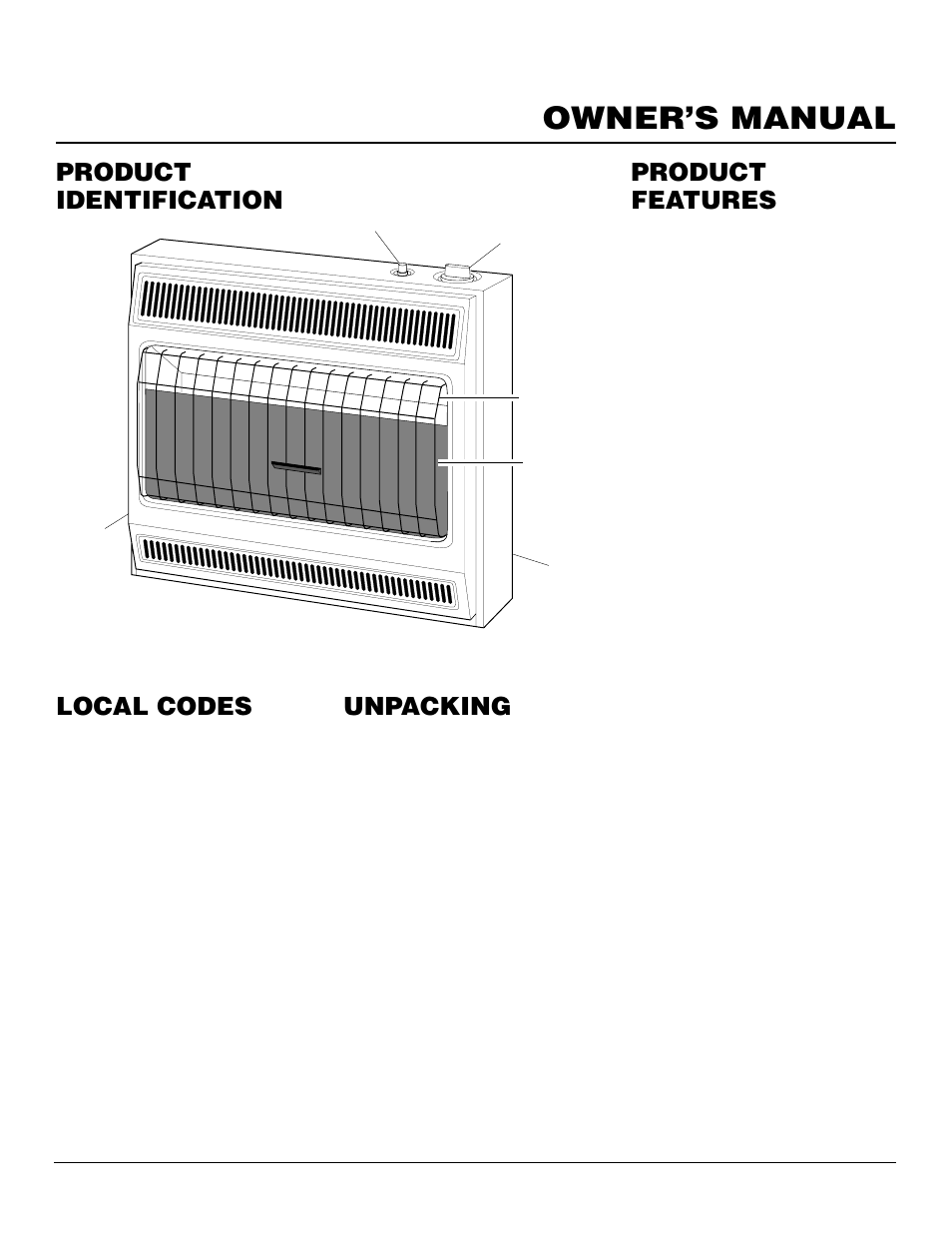 Owner’s manual, Product identification, Product features | Unpacking, Local codes | Desa CGP20B User Manual | Page 3 / 24