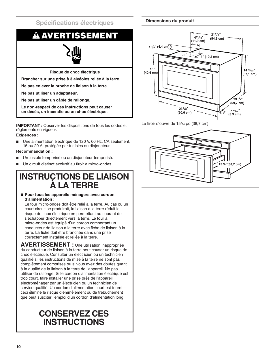 Spécifications électriques, Avertissement | KITCHENAID 24 Inch Under-Counter Microwave Drawer Installation Instructions User Manual | Page 10 / 14