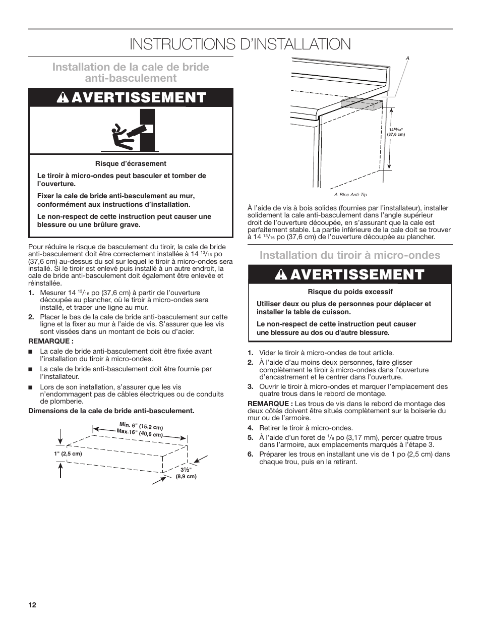 Instructions d’installation, Avertissement, Installation de la cale de bride anti-basculement | Installation du tiroir à micro-ondes | KITCHENAID 24 Inch Under-Counter Microwave Drawer Installation Instructions User Manual | Page 12 / 14