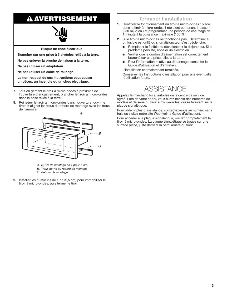 Assistance, Avertissement, Terminer l’installation | KITCHENAID 24 Inch Under-Counter Microwave Drawer Installation Instructions User Manual | Page 13 / 14