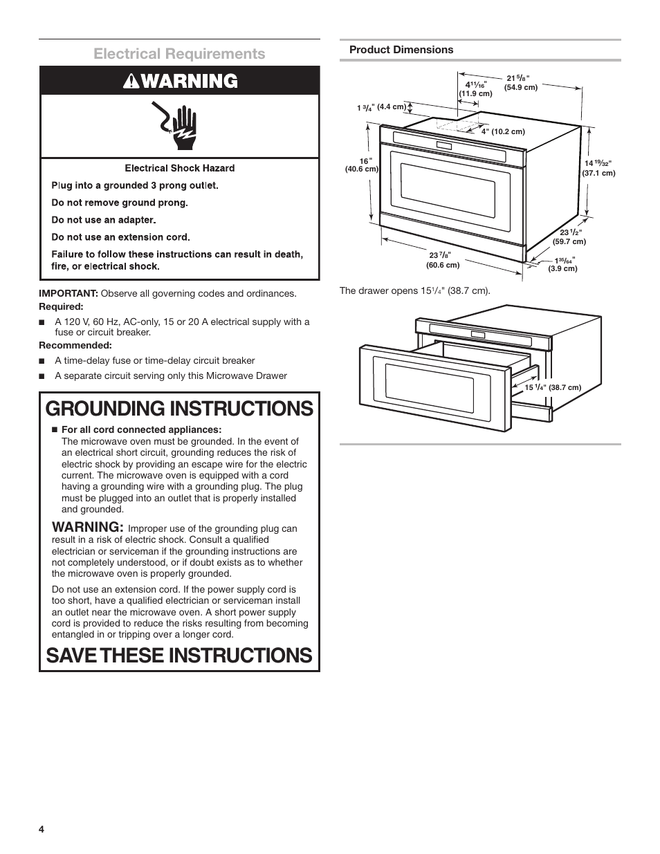 Grounding instructions save these instructions, Electrical requirements, Warning | KITCHENAID 24 Inch Under-Counter Microwave Drawer Installation Instructions User Manual | Page 4 / 14