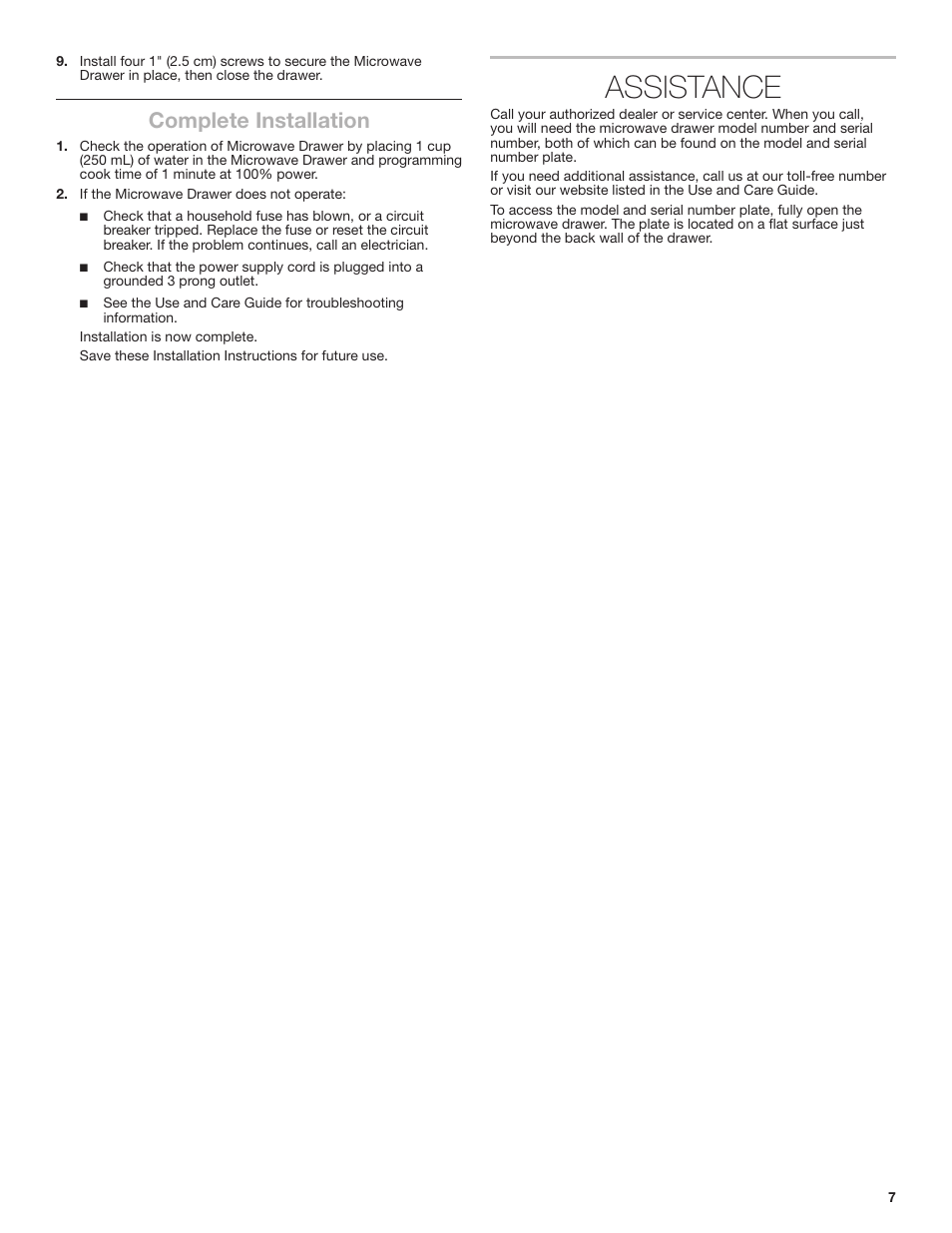 Assistance, Complete installation | KITCHENAID 24 Inch Under-Counter Microwave Drawer Installation Instructions User Manual | Page 7 / 14