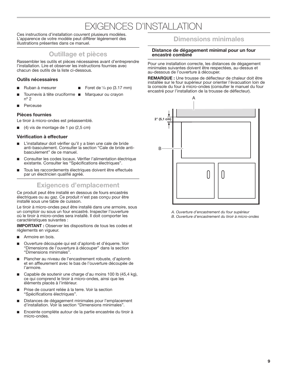 Exigences d’installation, Outillage et pièces, Exigences d’emplacement | Dimensions minimales | KITCHENAID 24 Inch Under-Counter Microwave Drawer Installation Instructions User Manual | Page 9 / 14