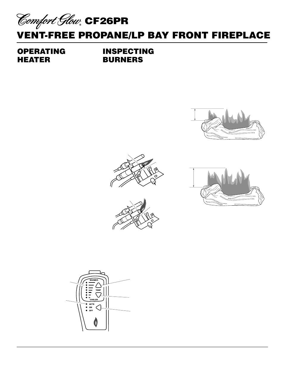 Vent-free propane/lp bay front fireplace cf26pr, Operating heater, Inspecting burners | Desa CF26PR User Manual | Page 18 / 30