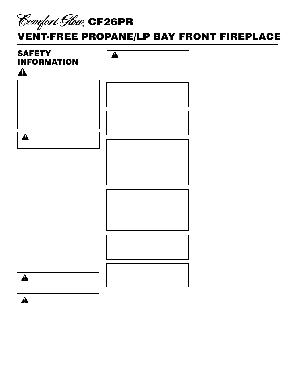 Vent-free propane/lp bay front fireplace cf26pr, Safety information | Desa CF26PR User Manual | Page 2 / 30