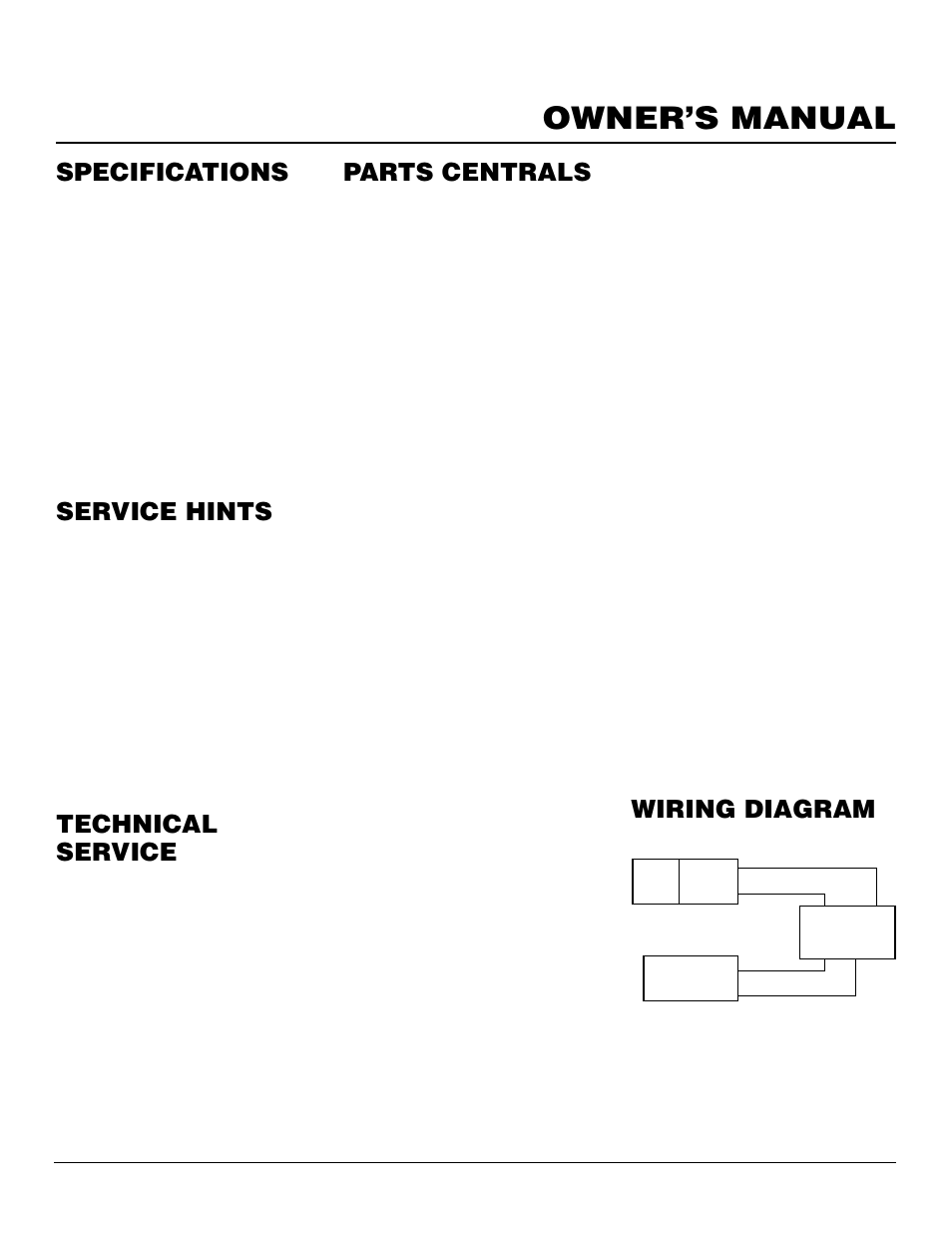 Owner’s manual, Technical service, Specifications | Service hints parts centrals, Wiring diagram | Desa CF26PR User Manual | Page 23 / 30