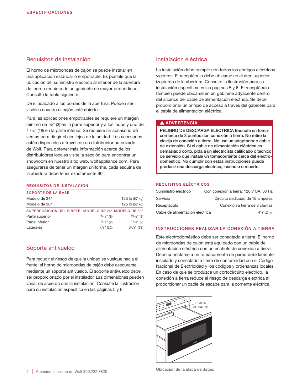 Requisitos de instalación, Soporte antivuelco, Instalación eléctrica | Wolf 24 Inch Microwave Drawer Installation Instructions User Manual | Page 10 / 20