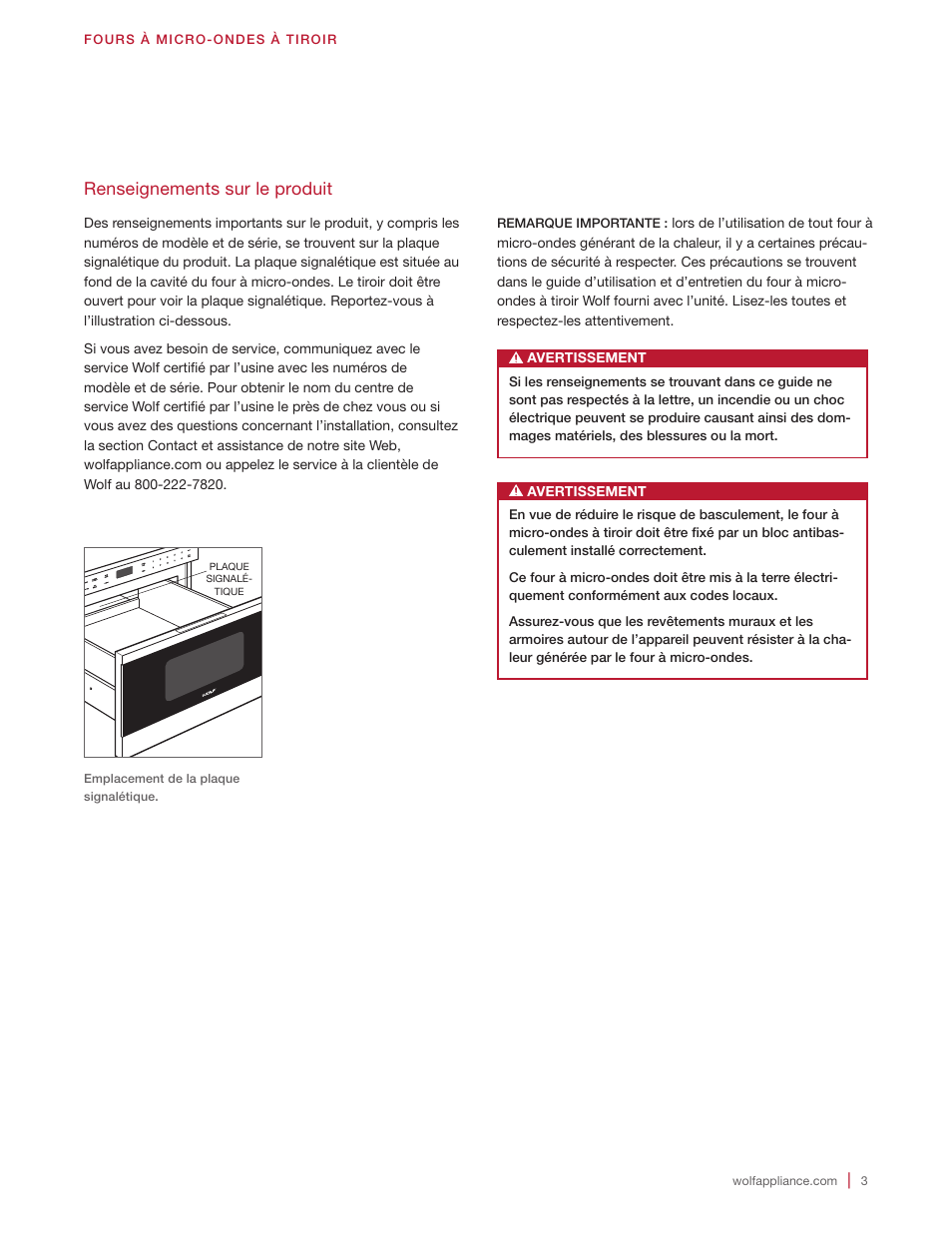 Renseignements sur le produit | Wolf 24 Inch Microwave Drawer Installation Instructions User Manual | Page 15 / 20