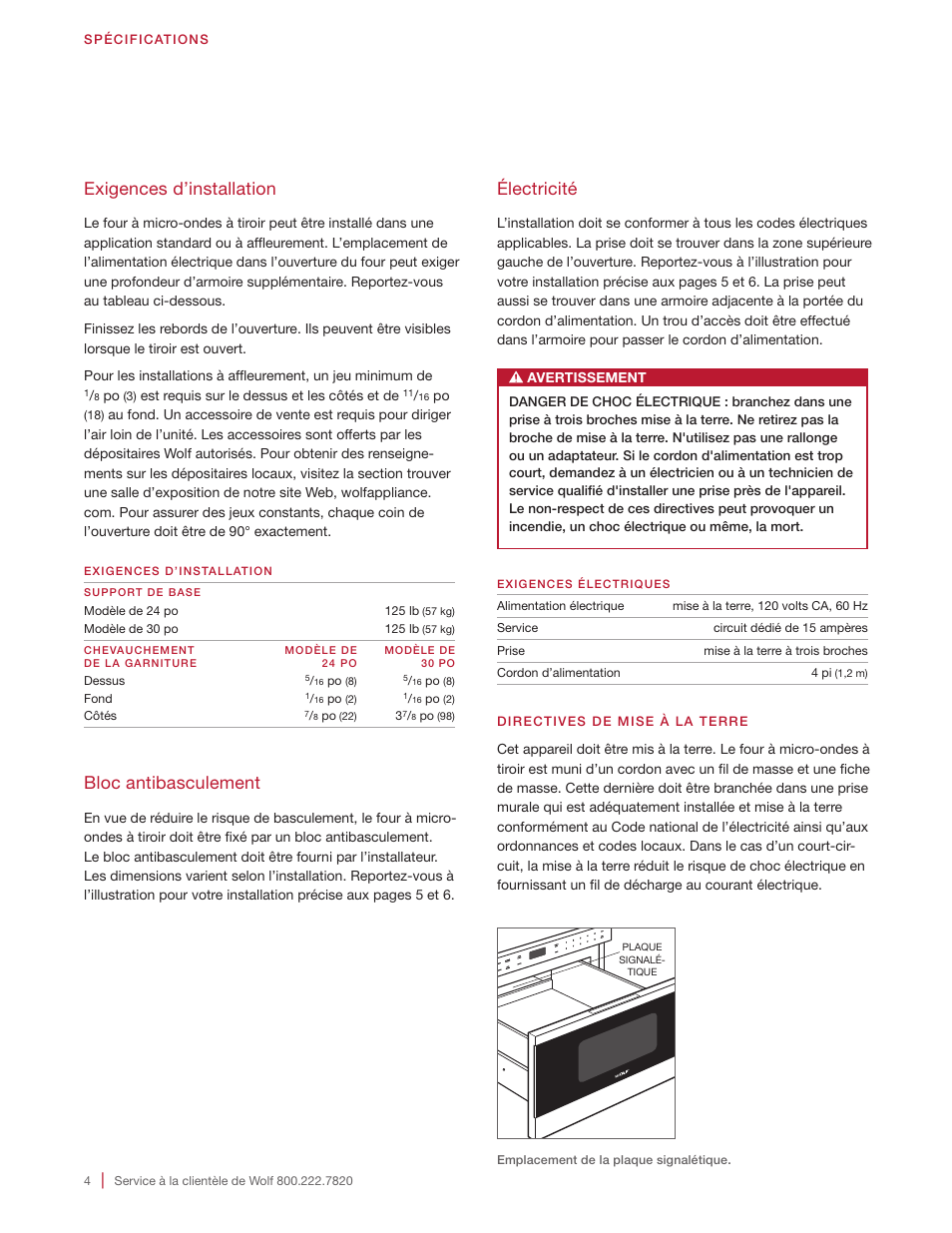 Exigences d’installation, Bloc antibasculement, Électricité | Wolf 24 Inch Microwave Drawer Installation Instructions User Manual | Page 16 / 20